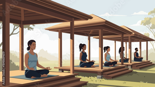 serene outdoor meditation session with diverse women practicing mindfulness on wooden platform
