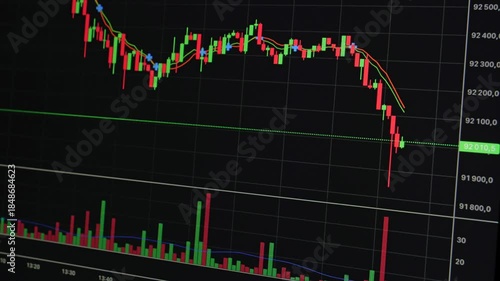 Candlestick chart moving on screen, cryptocurrency charts and graphs. The price fluctuations of cryptocurrencies. Close up view. 