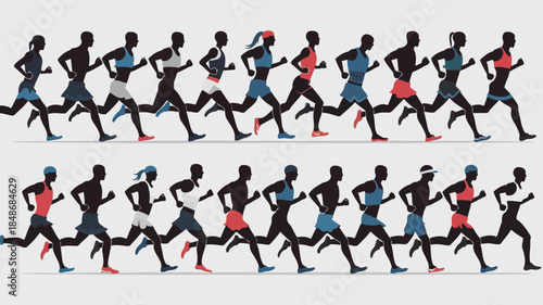Diverse group of male and female athletes in silhouette running in a race competition with colorful athletic wear