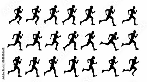 Collection of silhouetted runners in various dynamic poses showcasing movement and speed against a clean white background