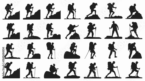 Collection of diverse black silhouettes of hikers with backpacks and trekking poles ascending mountains and rocky terrain