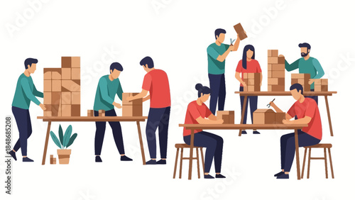 Team Collaborating in a Workshop to Assemble and Pack Cardboard Boxes for Logistics and Inventory