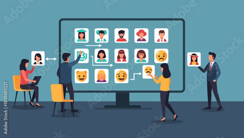 team collaboration analyzing diverse digital avatars and emotional expressions in online