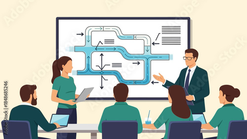 Team Collaboration and Process Flow Discussion in a Modern Office Conference Room Scene with