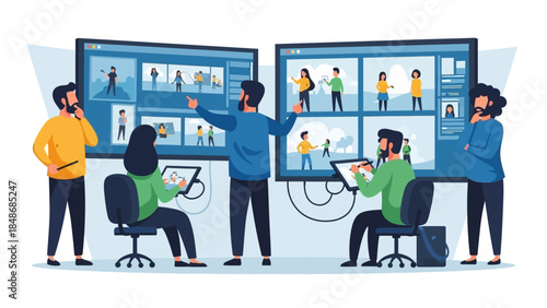 team collaboration and digital communication in modern workspace with multiple monitors and