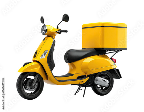 A bright yellow scooter with a food delivery box against a black background