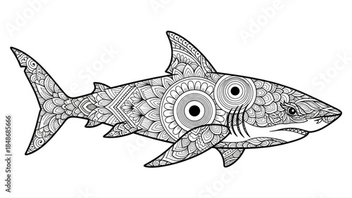 Stylized Shark Illustration with Intricate Mandala Patterns for Adult Coloring. Detailed Line Art Design for Relaxation and Creative Aquatic Theme