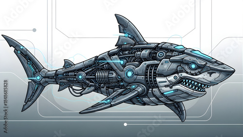 Futuristic Mechanical Shark Illustration With Blue Glowing Eyes