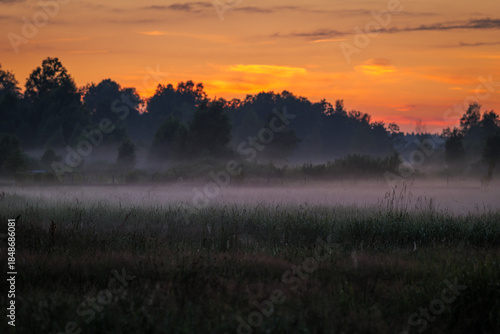 A beautiful rural landscape. A blazing sky. A blurred distant background. Mist over the meadow. Evening.