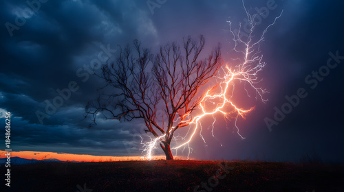 predictability. A solitary tree struck by lightning during a storm with dramatic sky. ESG reports, sustainability campaigns, designed for sustainability communications and ESG reporting.