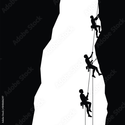 Vector Silhouette of Three Climbers Ascending a Steep Cliff Face with Ropes, Symbolizing Adventure, Challenge, and Extreme Sport