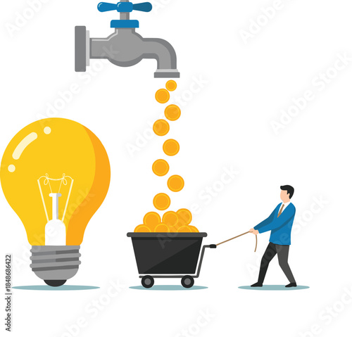 Flat Vector Illustration of Man Pushing Cart to Collect Money Flowing from a Faucet above a Light Bulb, Symbolizing Idea Monetization