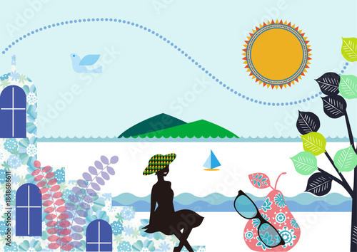 レトロなリゾート風景のデザイン素材とパターン