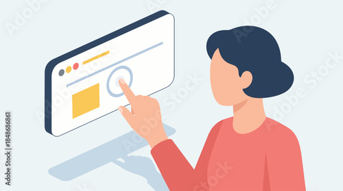 A woman's hand is shown interacting with a digital interface on a screen.