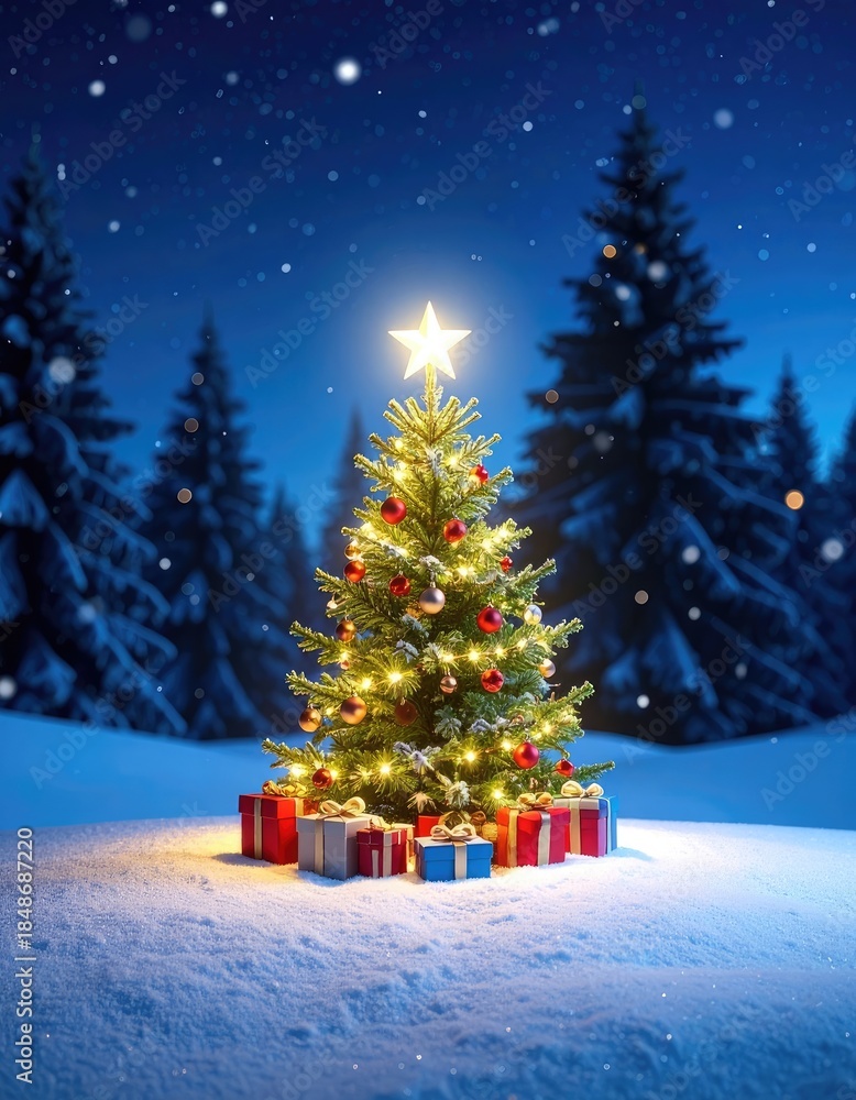 Obraz premium A brightly lit, decorated Christmas tree stands in a snowy forest at night.