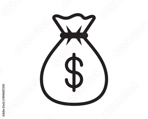 Black and White Money Bag Icon with Dollar Sign - Finance and Wealth Symbol