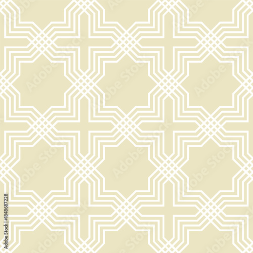 Monochrome Arabic style, cross seamless line ornate texture, printed on wallpaper or fabric. Geometric pattern. Arabesque biege and white texture. Vector illustration