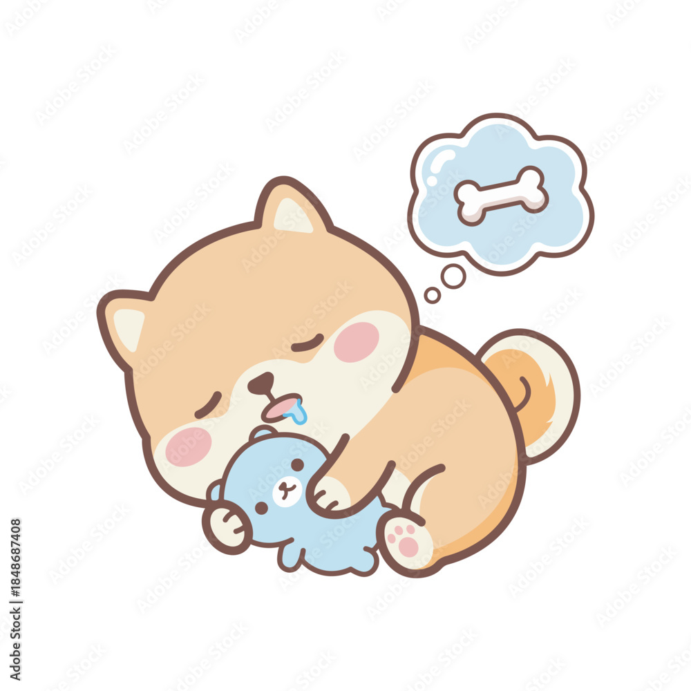Fototapeta premium Sleeping shiba inu puppy sticker hugging plush toy with dream bone bubble for kids
