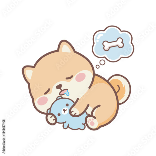Sleeping shiba inu puppy sticker hugging plush toy with dream bone bubble for kids