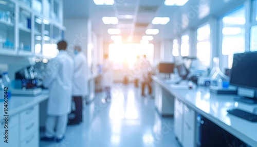 Blurred laboratory scene with scientists working on experiments and research projects.