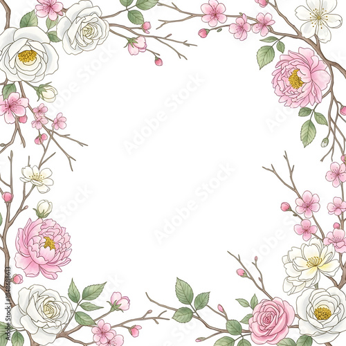 Tree Branch Flower Photo Overlay with Painted Spring and Summer Floral Frame on Transparent White Background