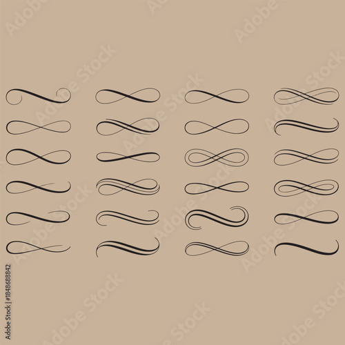 Collection of infinity symbols in various styles and orientations on beige background loop endless continuous