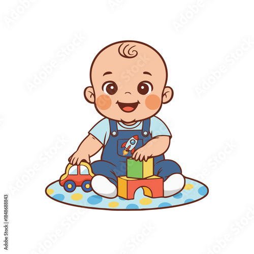 Baby life. Early childhood development. Cute infant activities. Little child playing, eating, Happy toddlers, small kid. Flat vector illustration isolated on a white background. 