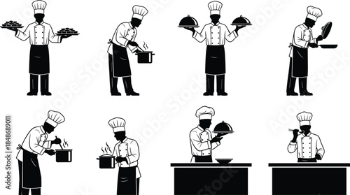 Chef silhouettes cooking serving food in restaurant kitchen, professional culinary actions isolated on white background illustration set collection