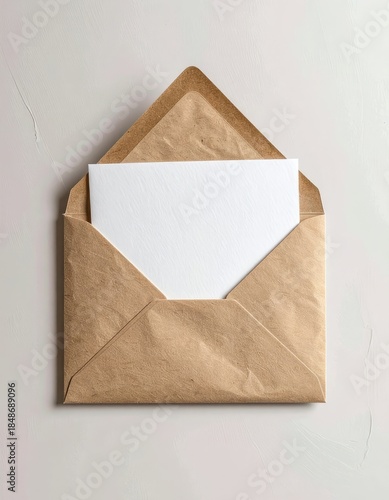 Overhead view of a blank white card partially inserted into a natural brown kraft paper envelope on a light textured surface.