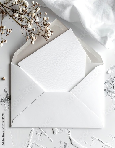 Elegant white invitation mockup with delicate baby's breath flowers.