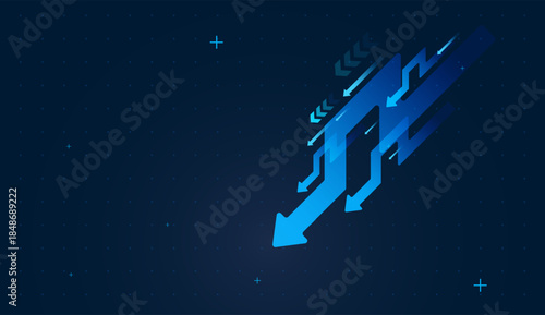 Dynamic, Futuristic blue arrows falling leftward depict bearish sentiment, shrinking investments, and financial instability. Downing Arrows Trend of Business