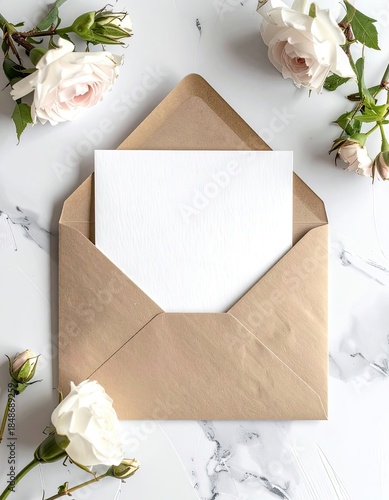 Elegant overhead shot of an open brown envelope with a blank white card against a white marble background surrounded by pale roses.