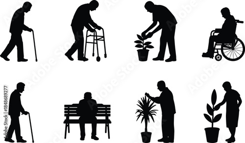 Elderly people silhouettes daily activities senior care mobility gardening wheelchair isolated on white background aging health assistance lifestyle concept