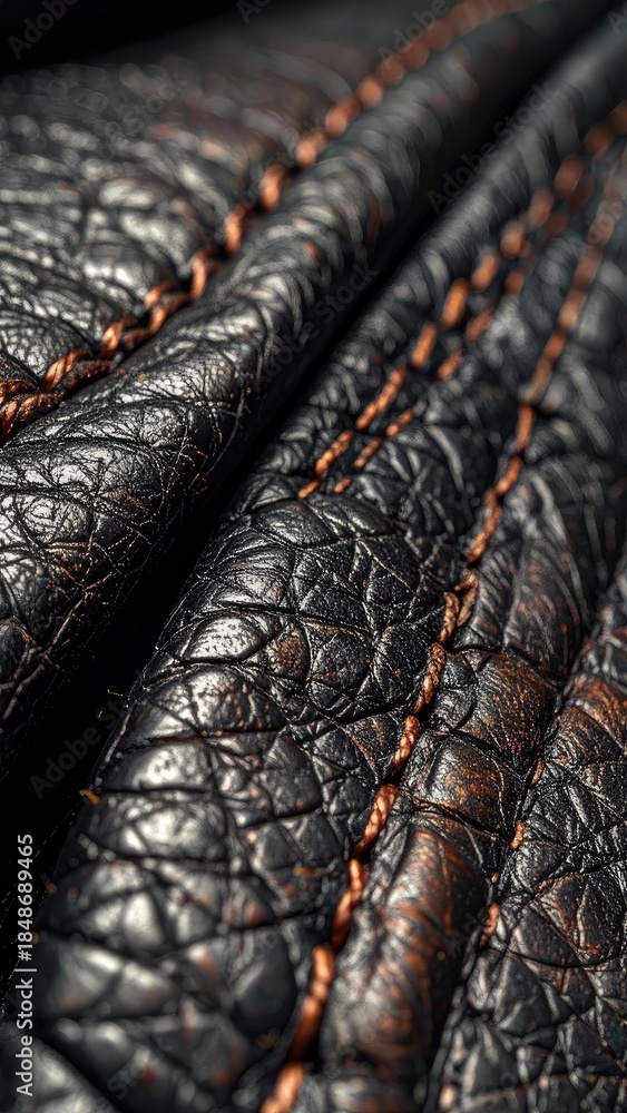 Fototapeta premium Extreme close-up of heavily textured, dark leather material with visible contrasting stitching.