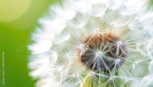 Extreme close-up of a white dandelion seed head against a soft green background.