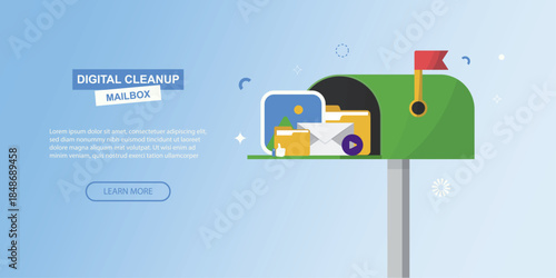 Green mailbox filled with digital content and media with digital cleanup banner. Perfect for email management and inbox organization campaigns. Digital cleanup concept. Flat style. Vector illustration