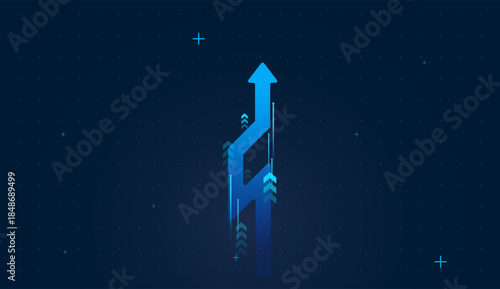 Electric blue tones Arrows convey speed up to the top on dark BG, automation, and high-frequency decision-making for market up trend. vector illustration