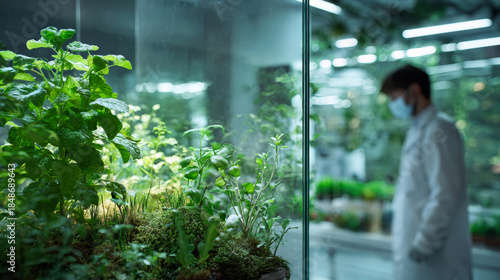 Scientist in a lab coat conducts research in a clean energy laboratory with plants visible in the foreground and soft light filtering through the space