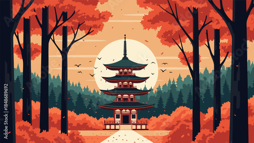 A serene illustration of a traditional Japanese pagoda surrounded by vibrant autumn trees and a large full moon.