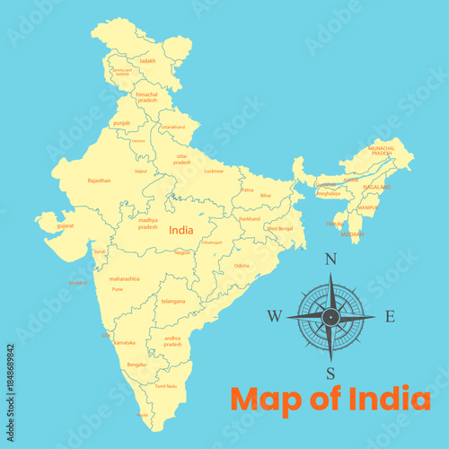 India political vector infographic map illustration with national geographical borders, cities, states, provinces, river. Editable font of state names, south east Asian Indian administrative territory