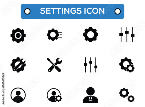 Settings icon collection with gears, sliders, and user profile options for digital interfaces