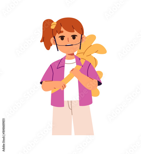 Happy child with orthodontic headgear. Red hair kid with equipment has dental problem with teeth, bite. Cute little girl with gear for occlusion correction. Flat isolated vector illustration on white