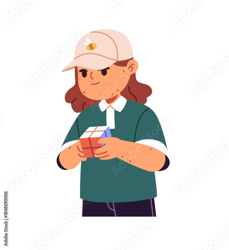 Cute kid in cap solves puzzle cube. Happy little girl holds jigsaw in hands, looks for solution. Smart child with moles on skin plays with toy. Flat isolated vector illustration on white background