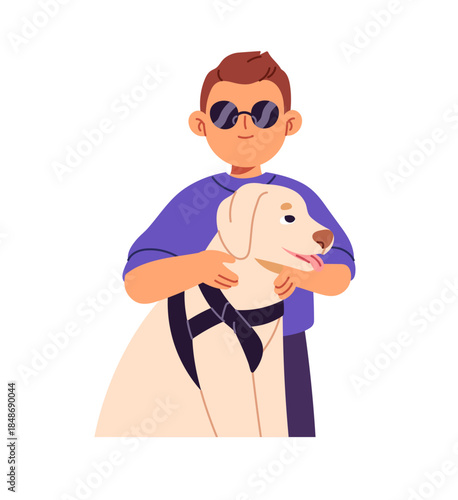 Happy blind kid in sunglasses pets his funny guide dog. Little boy with disability, vision disease in glasses. Cute inclusive child smiles. Flat isolated vector illustration on white background