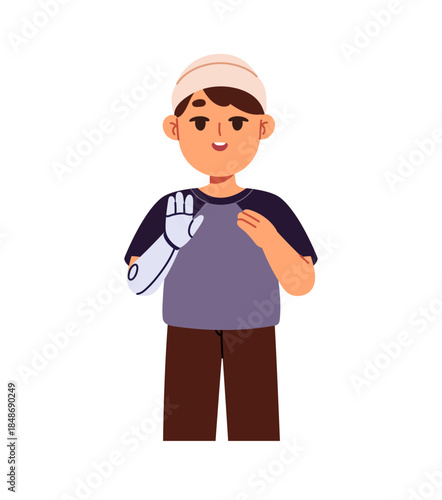 Cute little boy with physical disability waving with bionic hand. Happy inclusive kid with robotic prosthesis of arm is greeting, says hello. Flat isolated vector illustration on white background