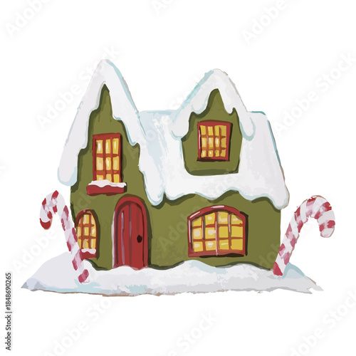 Hand-painted illustration of a cozy gingerbread-style house covered in snow, with glowing windows and candy cane decorations, creating a warm and festive winter holiday atmosphere.
