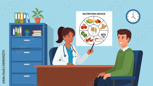 A female doctor or nutritionist giving nutrition advice to a male patient in a consultation room.