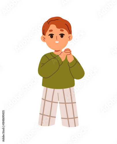 Happy redhead kid stands with folded hands. Cute little boy with smile on his face. Funny red hair child with positive emotion, facial expression. Flat isolated vector illustration on white background