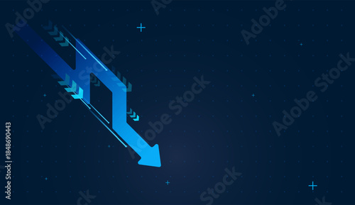 Multiple Down Arrows accents on dark blue background with small dots behind the tip highlight dynamic falling direction and agility. vector illustration