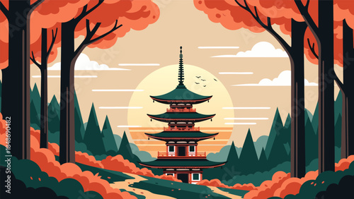 A Japanese pagoda nestled in an autumn forest with a large sun in a minimalist, flat design style.